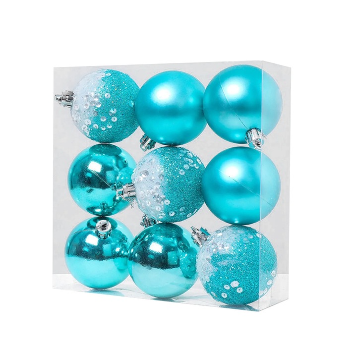 Комплект от 9 коледни топки, сини, 6 см, украси за елха