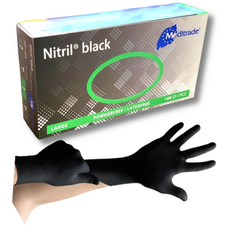Manusi medicale de unica folosinta, nesterile, fara pudra, putenic, negru, Meditrade Nitril Black, set 100 buc, marime L
