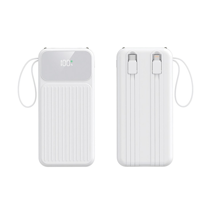 Külső akkumulátor, 10000 mAh, gyorstöltés 22,5 W, PD és QC 3.0, USB/Type C/Micro, beépített USB-C/Lightning kábelek, LCD digitális kijelző, fehér