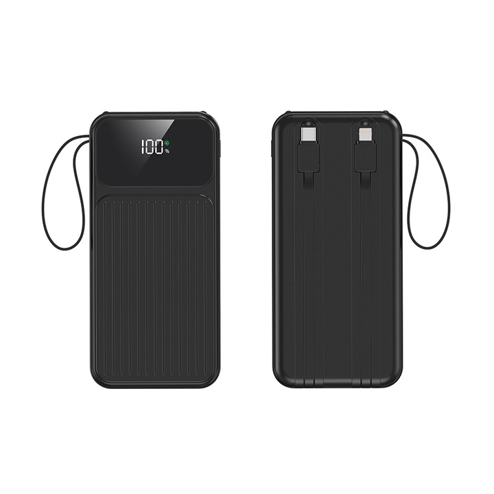 Külső akkumulátor, 10000 mAh, Gyorstöltés 22,5 W, PD és QC 3.0, USB/Type C/Micro, Beépített USB-C/Lightning kábelek, LCD digitális kijelző, Fekete