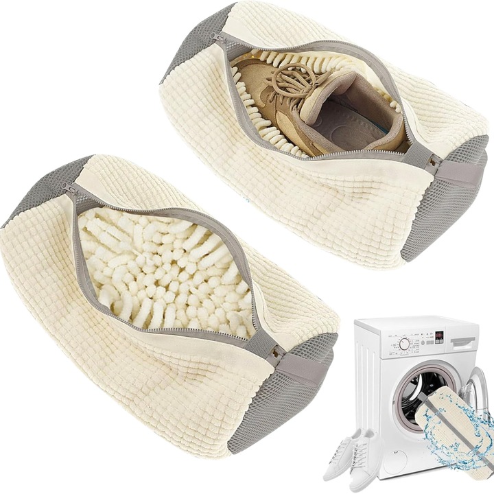 Set de 2 saci de spalare pentru incaltaminte, siguranta la spalare, reutilizabili, Crem cu Gri