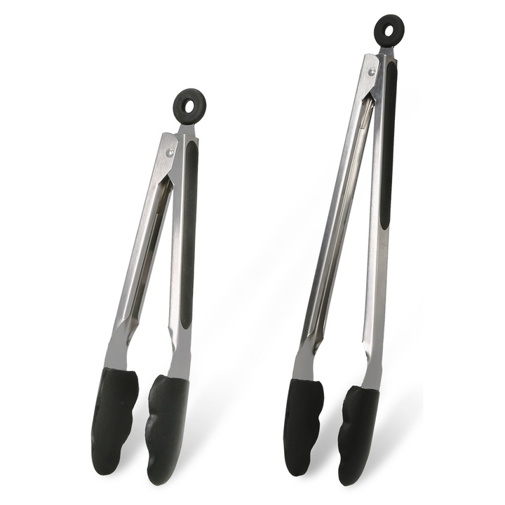 Set 2 clesti bucatarie, Inox/Silicon, 2 Dimensiuni, Argintiu/Negru