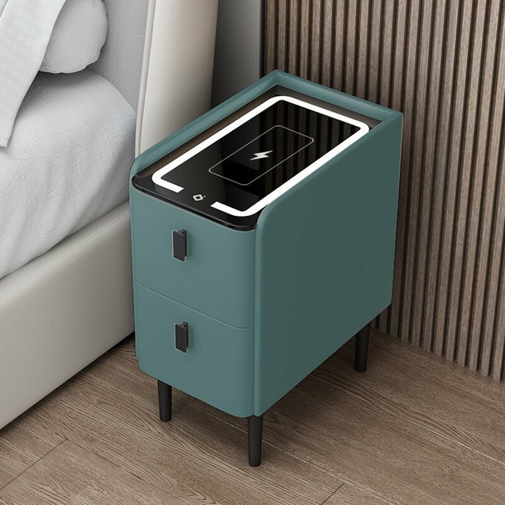 Noptiera inteligenta slim cu incarcare wireless, iluminare LED si 2 sertare – culoare verde, design modern din sticla si lemn
