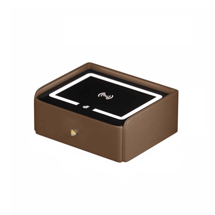 Noptiera inteligenta cu incarcare wireless, iluminare LED, 1 sertar de depozitare, port USB si port Type-C, difuzor Bluetooth de 10W – maro, design modern din sticla si lemn