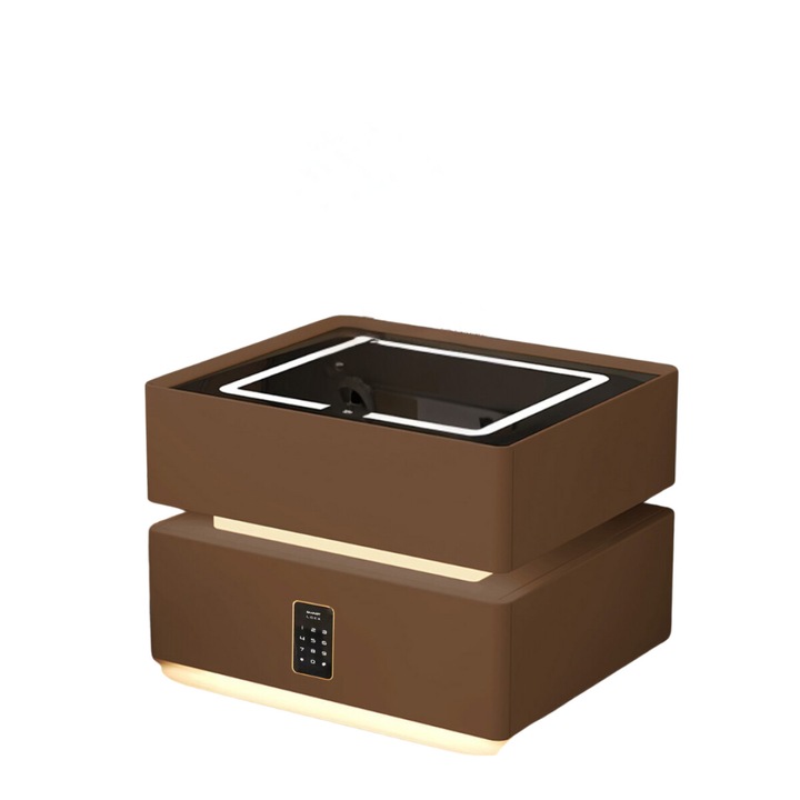 Noptiera inteligenta cu incarcare wireless, iluminare LED, 2 sertare de depozitare, senzor de lumina nocturna si incuietoare codificata – maro, design modern din sticla si lemn