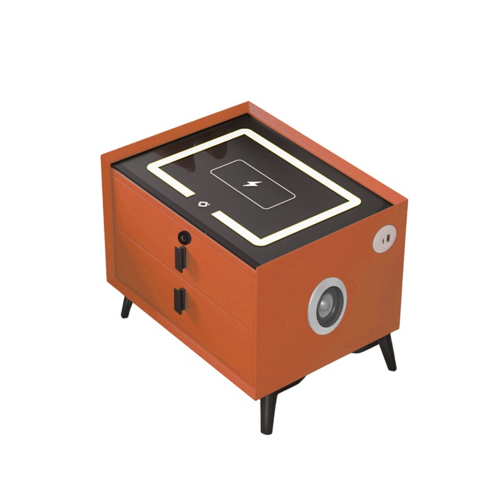 Noptiera inteligenta cu incarcare wireless, iluminare LED, difuzor Bluetooth, port USB si Type-C – culoare portocaliu, 2 sertare, design modern din sticla si lemn