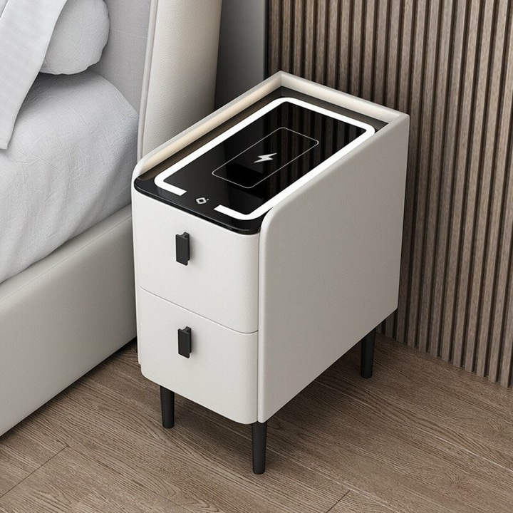 Noptiera inteligenta slim cu incarcare wireless, iluminare LED si 2 sertare – culoare alb, design modern din sticla si lemn