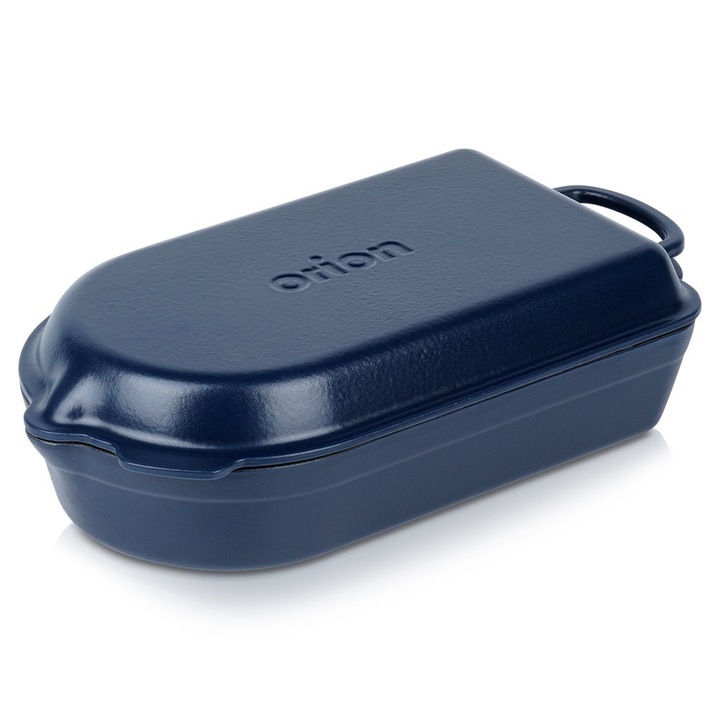 Чугунена тава 2в1, Orion, чугунена, овална, емайлирана, черна със син капак, 4 л и 2 л капацитет, устойчива на температура до 250°C, с капак, удобни дръжки, подходяща за съдомиялна машина