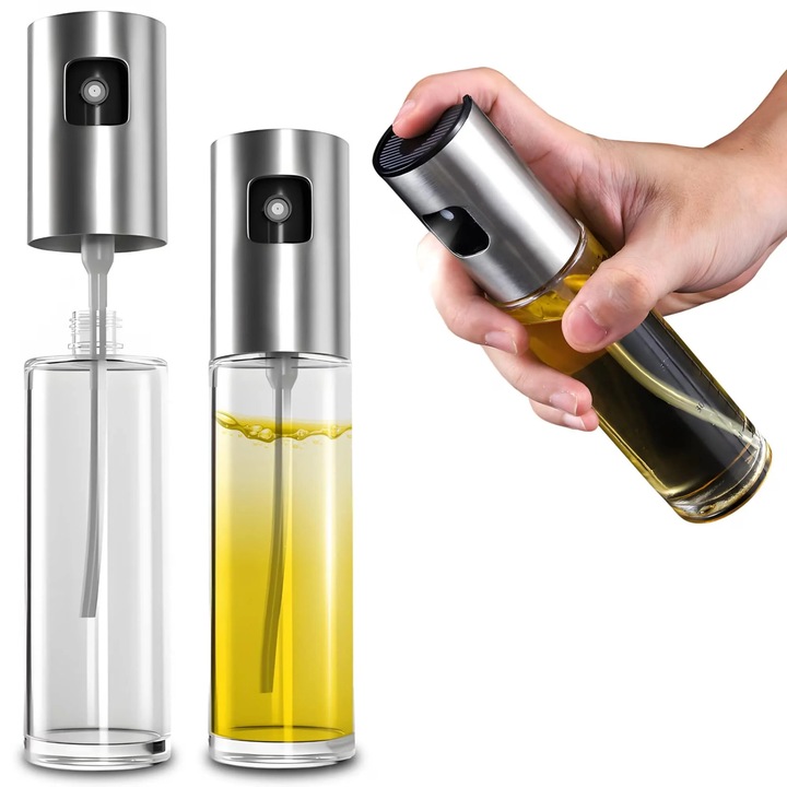 Dispenser cu Pulverizator din Sticla si INOX pentru Ulei, Otet, Vin sau Alte Lichide, 100ml, Argintiu-Transparent