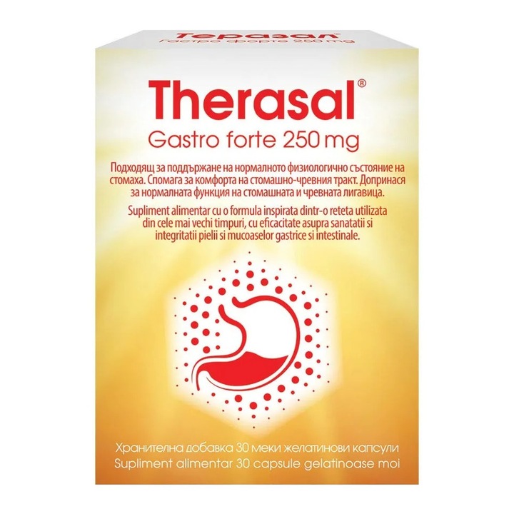 Therasal Gastro Forte 250 mg, supliment alimentar benefic in problemele intestinale, 30 capsule gelatinoase