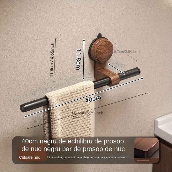 Suport Prosoape Nuc & Aluminiu 40cm - Ventuze Puternice, Negru - Fara Gaurire