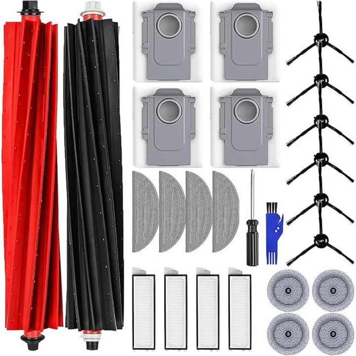 Set 26 accesorii pentru aspirator, compatibile cu Roborock S8 MaxV Ultra cu 2 perii principale, 4 saci de praf, 4 servetele, 4 stergatoare laterale, 4 filtre, 6 perii laterale, 1 perie de curatare si 1 surubelnita