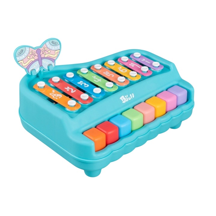 Jucarie Interactiva Mixbo pentru Copii 2 in 1 Pian si Xilofon, Albastru, Plastic si Metal, 18 luni+