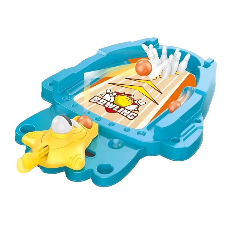 Joc de masa mini bowling interactiv pentru copii, mingi si figurine incluse, 26.5x19.5x5 cm, albastru