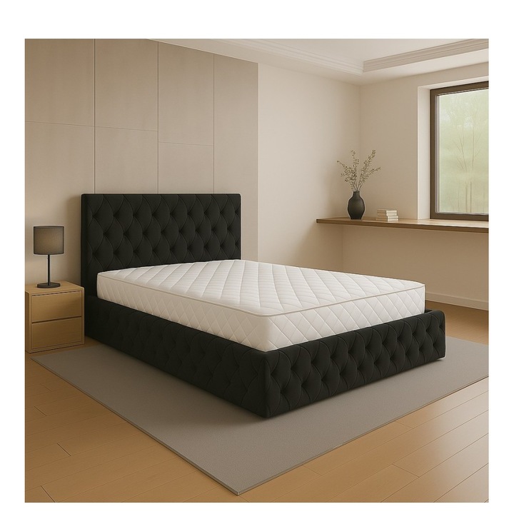 Pat Oscar NEGRU 160x200cm cu Lada de Depozitare, Somiera Metalica Rabatabila + SALTEA 160X200