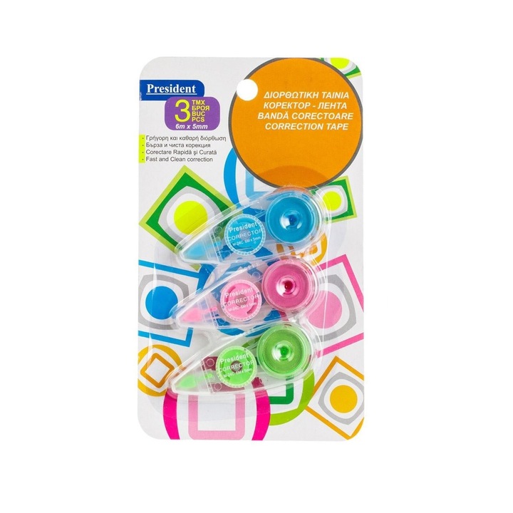 Set Mini Benzi Corectoare 3 Buc 6 m x 5 mm Roz Bleu Verde Corectie Instant pentru Scoala Birou