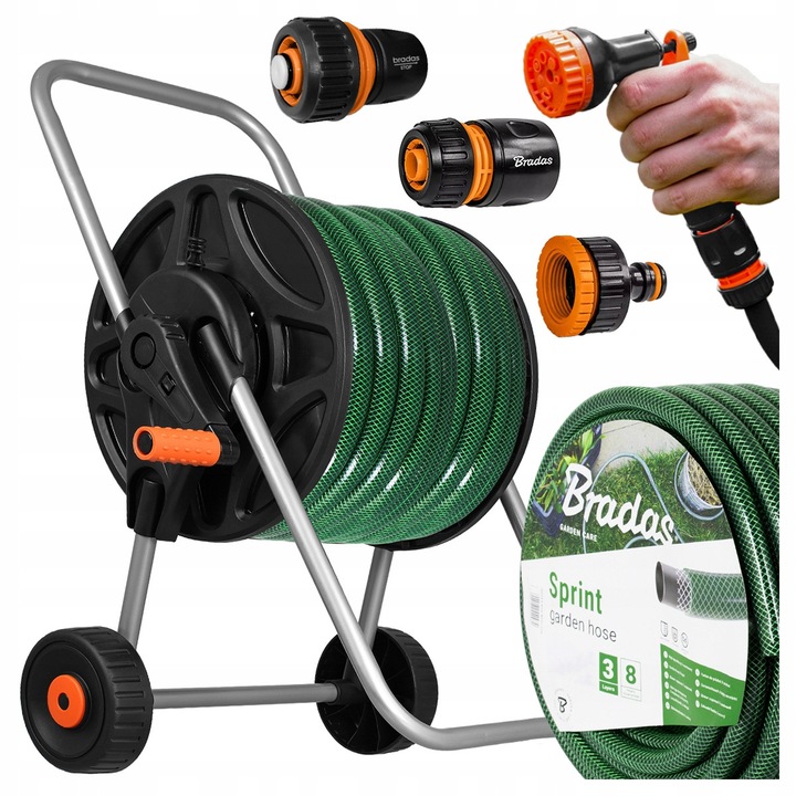Комплект градински маркуч Sprint 1/2 + аксесоари, 30 м, 3 накрайника, пистолет за пръскане, количка за маркуч, зелен