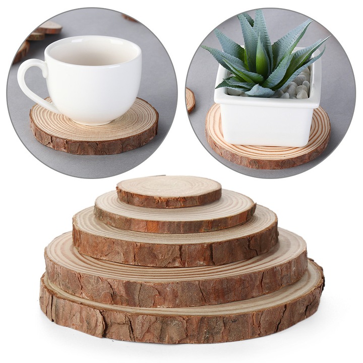 Suport pahare din lemn rotund DIY, din lemn de pin, grosime 0.5-1 cm, cu scoarta naturala si suprafata neteda, natural, Set 5 buc