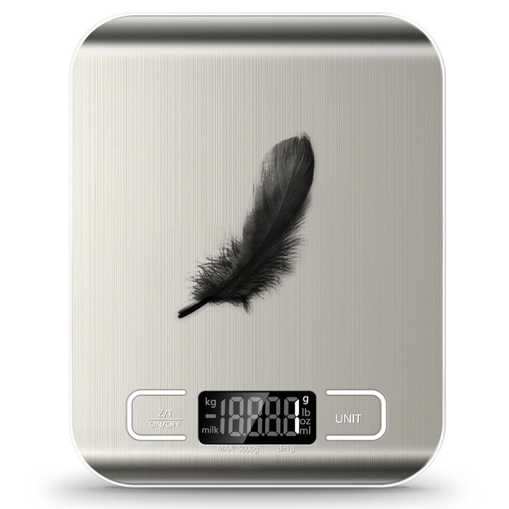 Кухненска везна, 5 кг, множество мерни единици, LCD дисплей, неръждаема стомана, сребрист