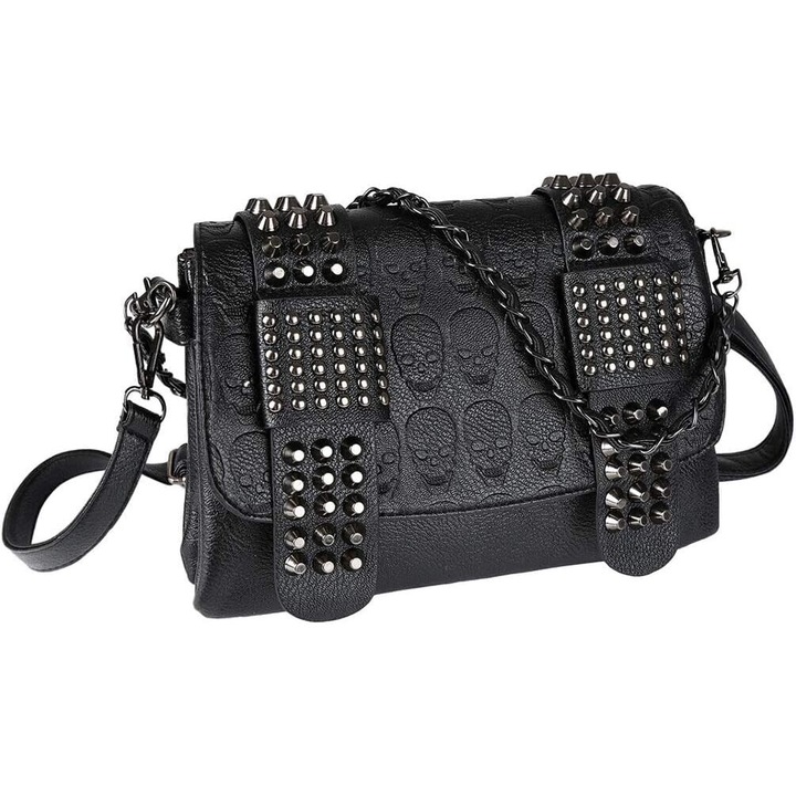 Női PU bőr válltáska, fekete, koponyával és céltáblával, 1. stílus