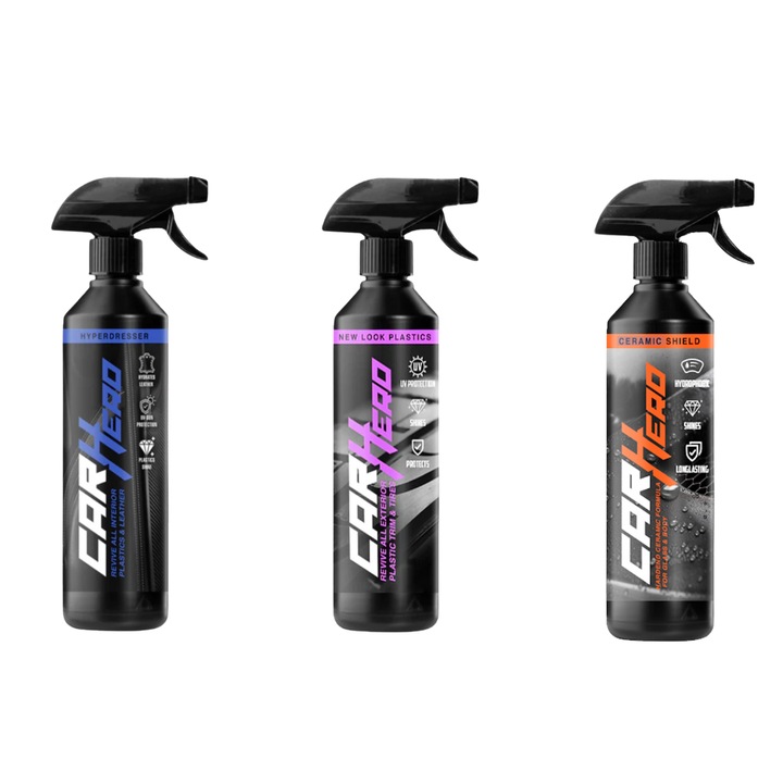 Pachet Detailing Auto Car Hero – New Look Plastic, Hyper Dresser si Ceramic Shield V2, 3x500ml, Regenerare Plastic, Cauciuc, Piele, Luciu Suprafete Matuite + Protectie Ceramica Vopsea, Efect Hidrofob si Anti-UV