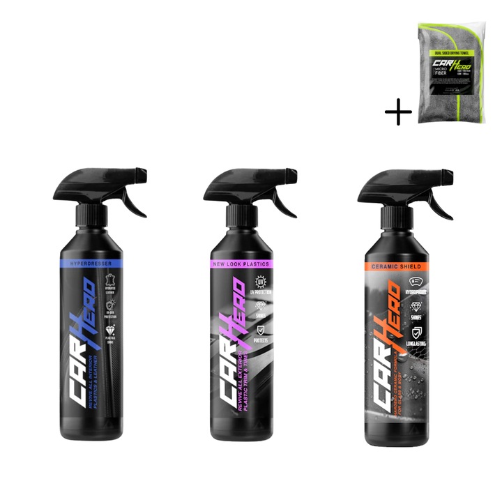 Pachetul Detailing Auto Plus Car Hero – New Look Plastic, Hyper Dresser, Ceramic Shield V2, 3x500ml + Prosop Microfibra 900gsm 50x70cm, Regenerare Plastic, Piele, Cauciuc, Protectie Ceramica, Uscare Rapida, Hidrofob, Anti-UV