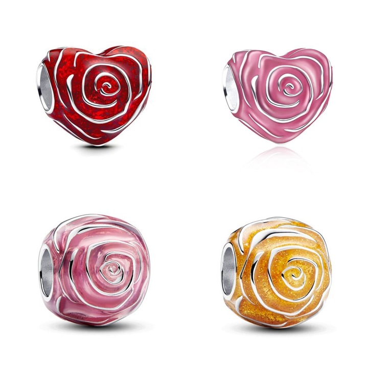 Talisman Charm compatibil Pandora, 4 buc, pandantiv, inimioara, Model de Trandafir/Rose, rosu/roz/galben, Cutie Premium