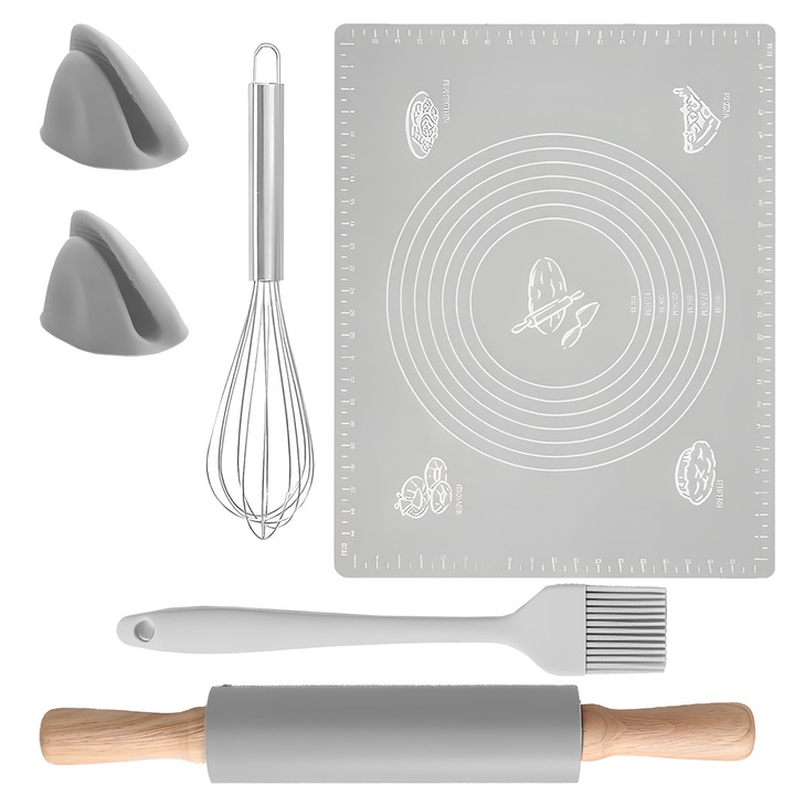 Planseta din silicon alimentar Renew Force, 40x50 cm, cu accesorii: facalet din lemn 30 cm, rozeta de amestecat, pensula, manusi din cauciuc, antiaderenta, antiderapanta, rezistenta la temperaturi ridicate, gri CKT-11