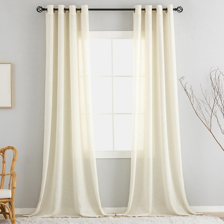 Set de 2 perdele cu aspect de in, semi-transparente, cu inele, 140 x 260 cm, Crem