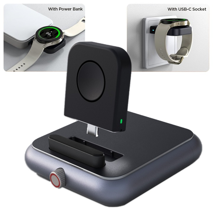 Incarcator portabil pentru Samsung Galaxy Watch, Magentic, Wireless cu USB-C + Dock Stand cu inaltime ajustabila pentru diametru, 3W, 5V, 1A, Negru (JR-WQWW02)
