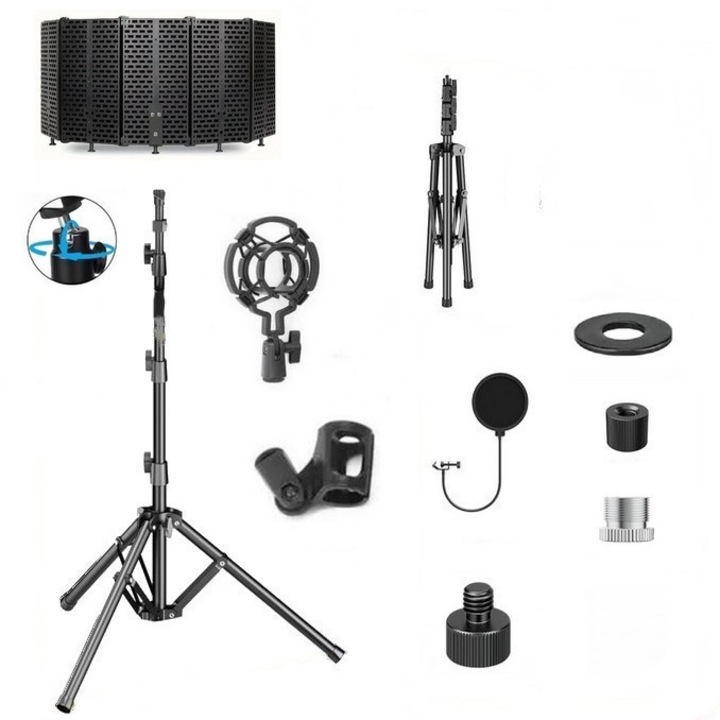 Set SkyTechs® trepied cu ecran acustic burete absorbant parbriz 5 panouri pliabil la 150 de grade izolator fonic studio cinema reducere zgomot anti-reverberant suport si anti soc
