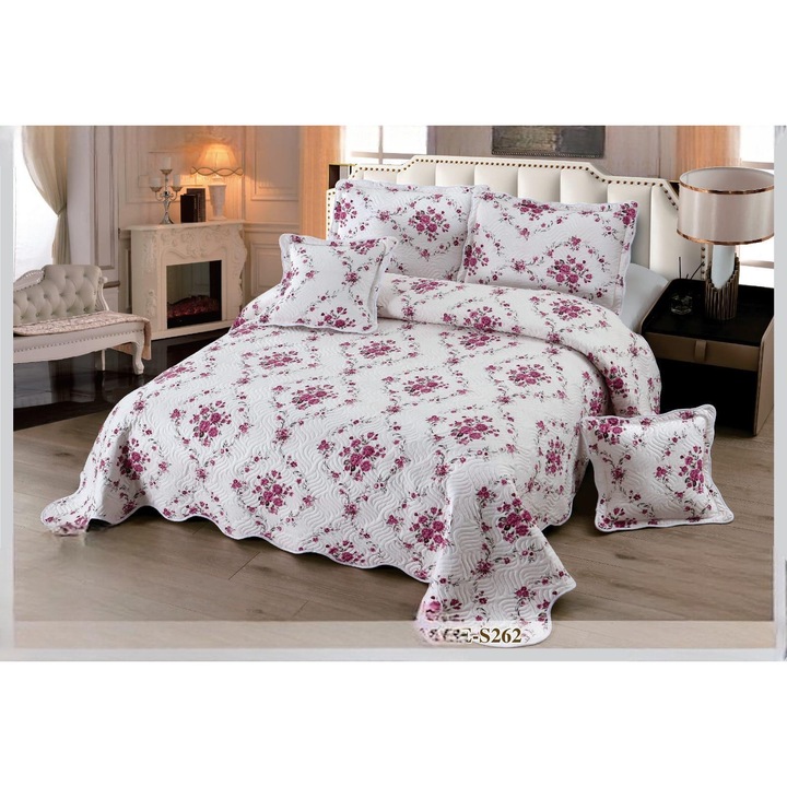 Set Cuvertura Matlasata, din Bumbac Finet, pentru pat dublu, 5 piese: Cuvertura 230 x 250 cm, 2 fete de perna 60 x 80 cm, 2 fete de perna 55 x 55 cm, cu imprimeu flori, alb-roz