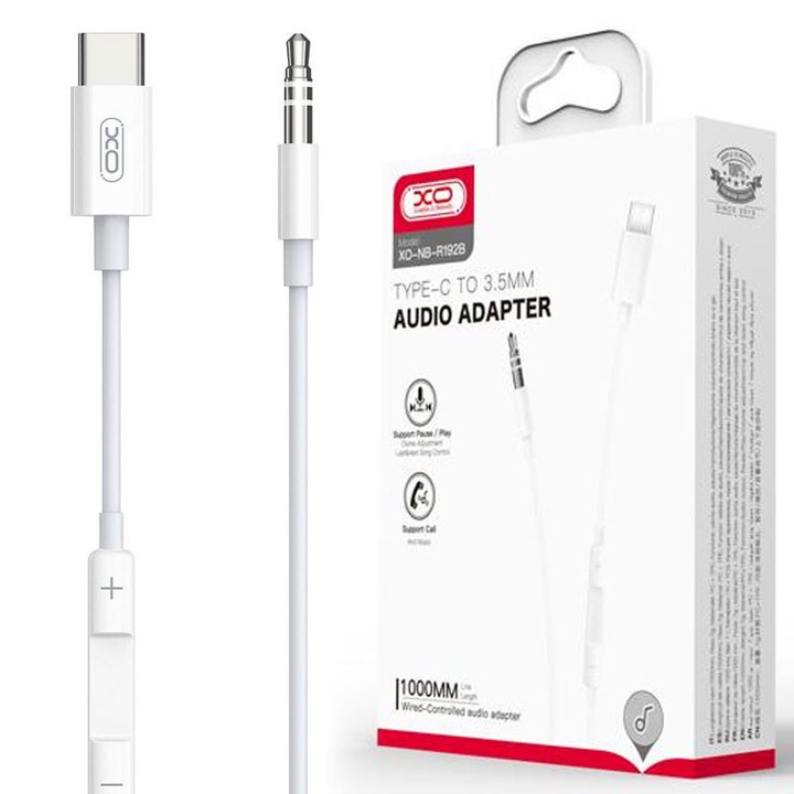 XO audiokábel (NB-R192B), USB-C-csatlakozó 3,5 mm-es (M) - PopUp funkció, 1 m, fehér
