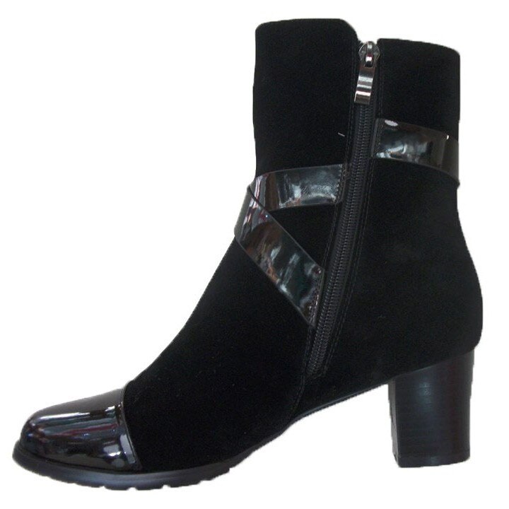 Botine tineresti, din velur si piele ecologica lacuita, D&J Exclusive, Negru