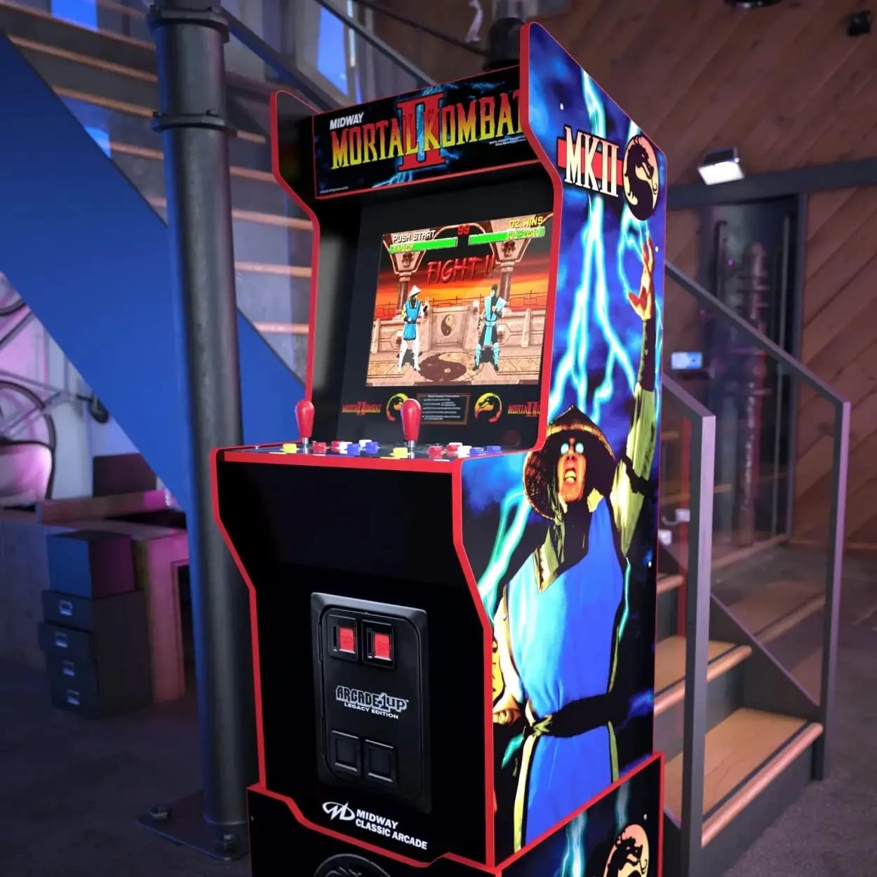 Consola verticala 14 jocuri ARCADE1UP, Mortal Kombat™ II Deluxe Edition, H 155 cm, 2 jucatori, online play, iluminare Marquee, grafica originala, display 17 inch, difuzor extern, potrivit pentru game rooms, accesoriu inaltare consola, multicolor