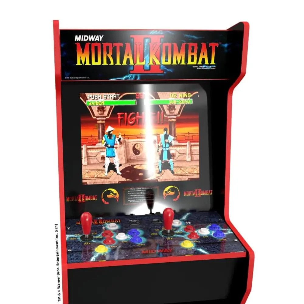 Consola verticala 14 jocuri ARCADE1UP, Mortal Kombat™ II Deluxe Edition, H 155 cm, 2 jucatori, online play, iluminare Marquee, grafica originala, display 17 inch, difuzor extern, potrivit pentru game rooms, accesoriu inaltare consola, multicolor
