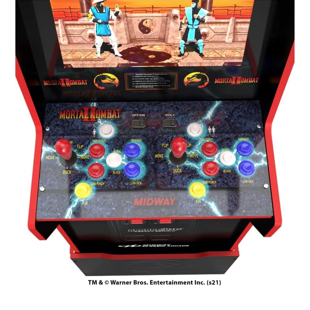 Consola verticala 14 jocuri ARCADE1UP, Mortal Kombat™ II Deluxe Edition, H 155 cm, 2 jucatori, online play, iluminare Marquee, grafica originala, display 17 inch, difuzor extern, potrivit pentru game rooms, accesoriu inaltare consola, multicolor