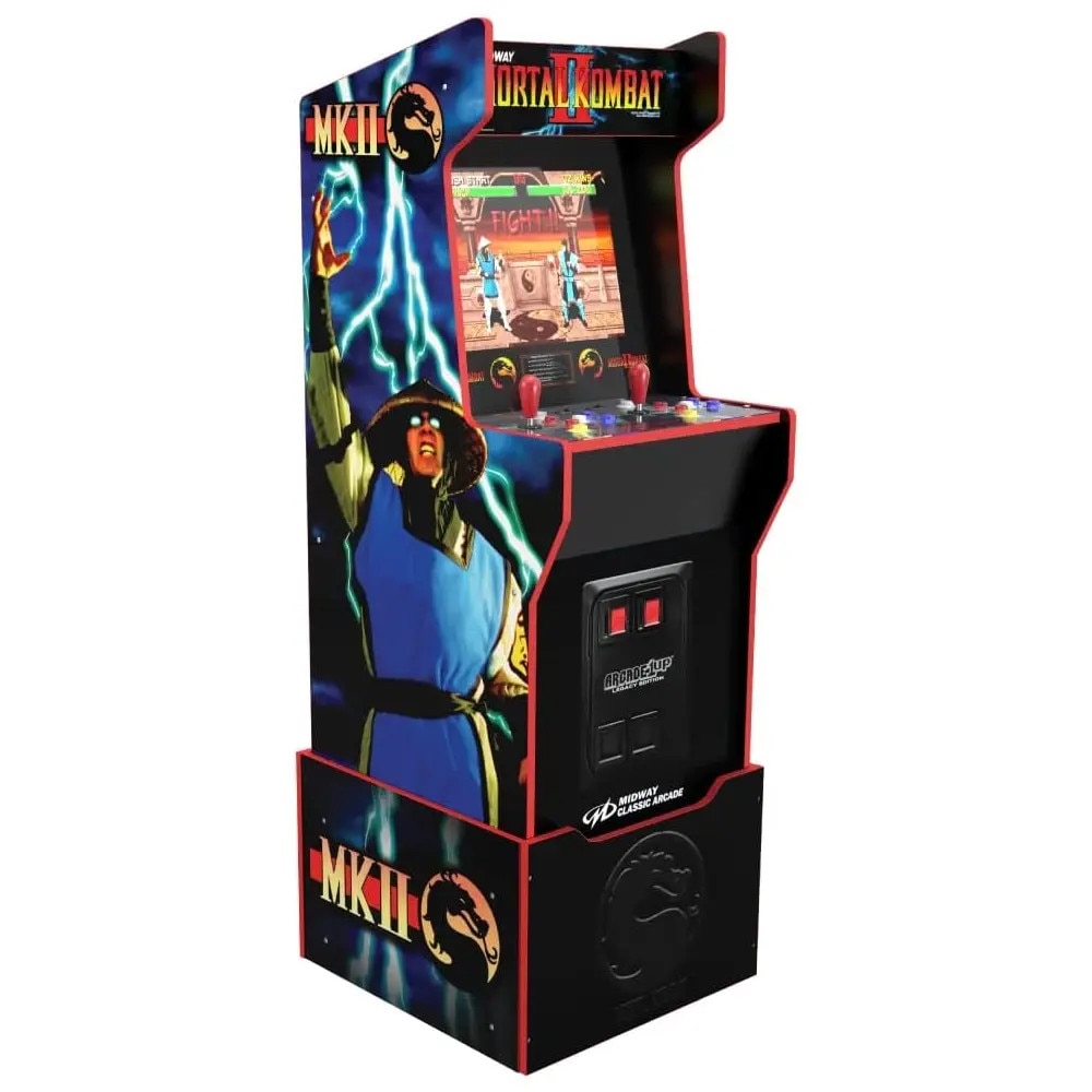 Consola verticala 14 jocuri ARCADE1UP, Mortal Kombat™ II Deluxe Edition, H 155 cm, 2 jucatori, online play, iluminare Marquee, grafica originala, display 17 inch, difuzor extern, potrivit pentru game rooms, accesoriu inaltare consola, multicolor