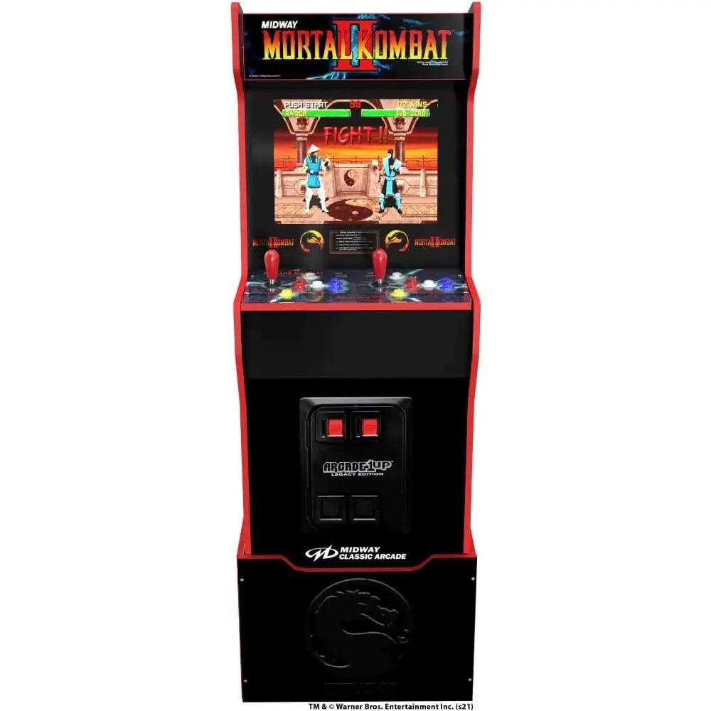 Consola verticala 14 jocuri ARCADE1UP, Mortal Kombat™ II Deluxe Edition, H 155 cm, 2 jucatori, online play, iluminare Marquee, grafica originala, display 17 inch, difuzor extern, potrivit pentru game rooms, accesoriu inaltare consola, multicolor
