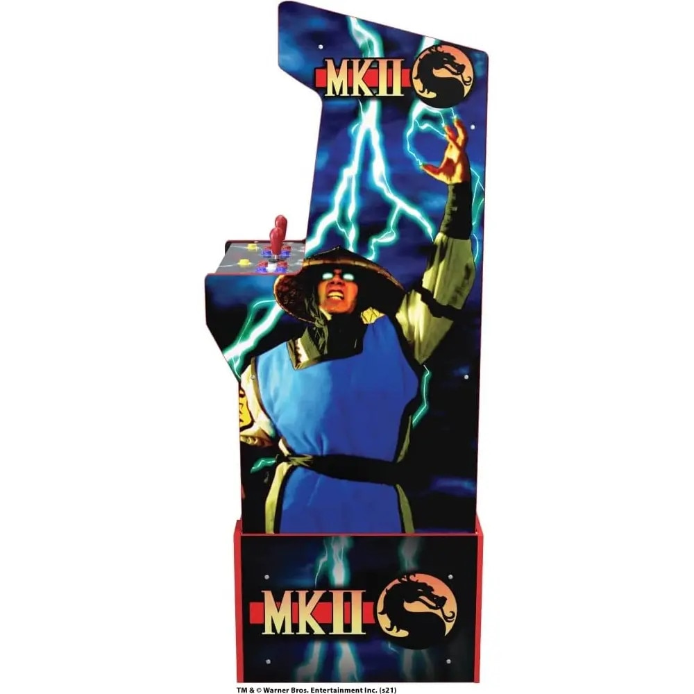 Consola verticala 14 jocuri ARCADE1UP, Mortal Kombat™ II Deluxe Edition, H 155 cm, 2 jucatori, online play, iluminare Marquee, grafica originala, display 17 inch, difuzor extern, potrivit pentru game rooms, accesoriu inaltare consola, multicolor