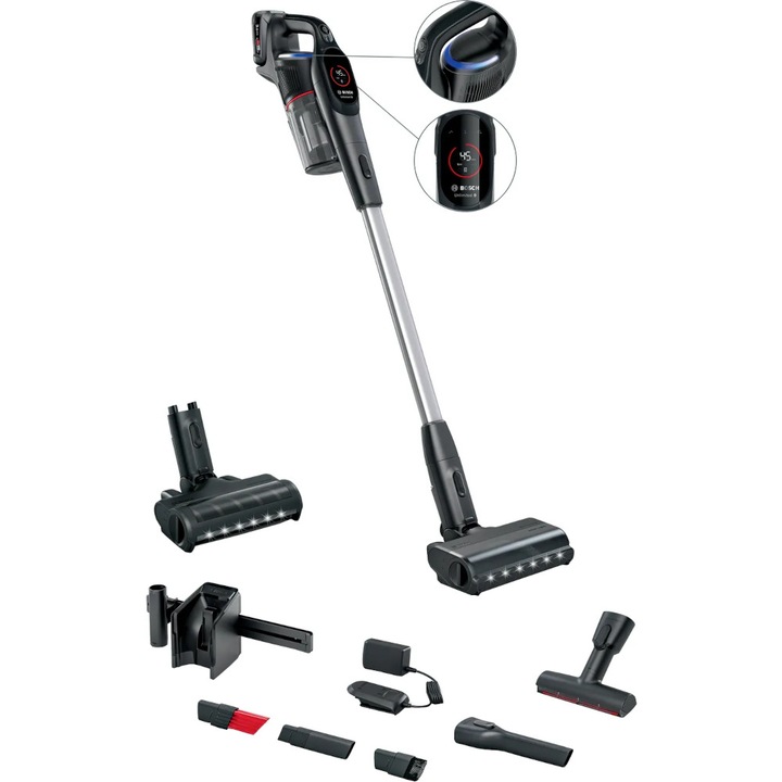 Bosch Unlimited 9 BCS931BQC Вертикална прахосмукачка, 0,4 л, 18 V, 60 минути работа, 3 режима на почистване, Четка против заплитане, Черна