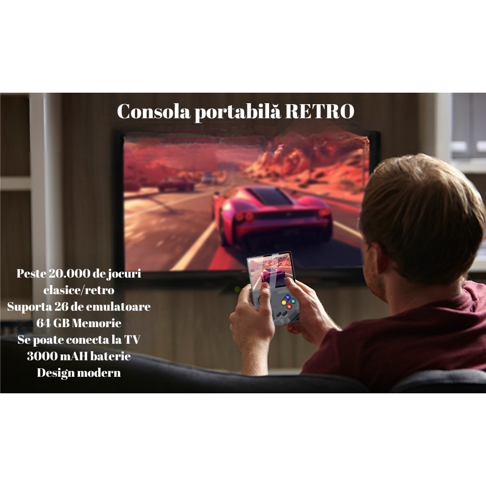 Consola portabila PRODYS, + 20.000 jocuri, God of War, GTA: Vice City Stories, PES, se poate conecta la TV, ecran HD 3.5 inch, stocare 64 GB, rezolutie 640x480, 3000 mAH, suporta 26 de emulatoare