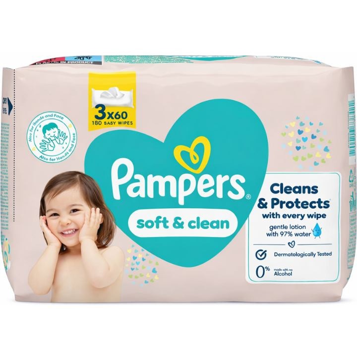 Servetele umede Pampers Soft Clean, 3 pachete x 60, 180 buc
