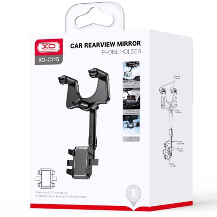 XO autós tartó (C115), oldalsó klipekkel, visszapillantó tükör tartó, MultiAngle, állítható kar, fekete
