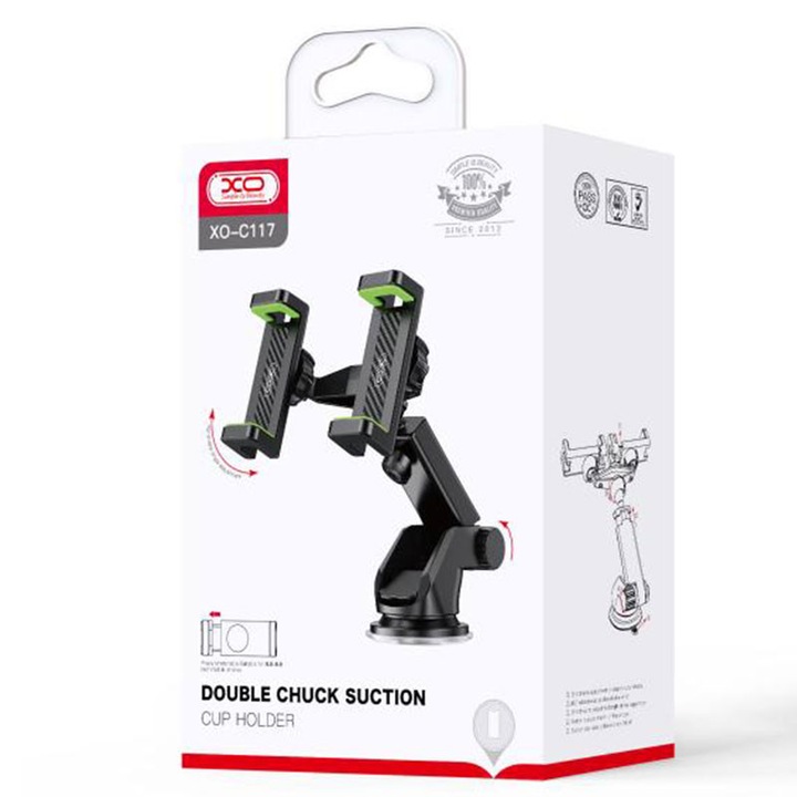 XO autós tartó (C117), oldalsó klipekkel, műszerfali tartó, Dual Phone, MultiAngle, állítható kar, fekete