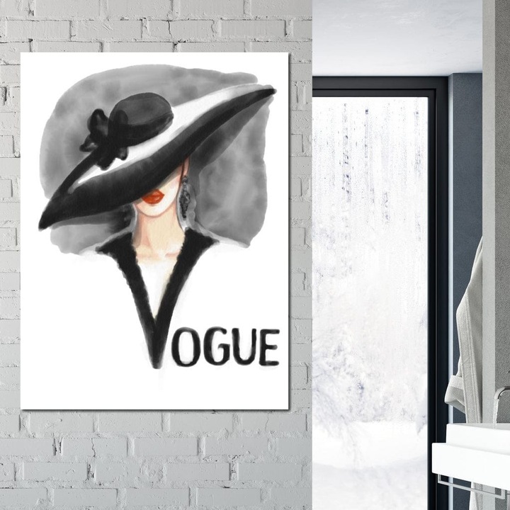 Картина на платно LuxCanva G1106, Vogue Cover, 45 X 60 CM, 100% памучно платно 400g/m2, Дървена рамка, Дама, Стил, Елегантност, Мода, Подиум, Шик, Силует, Шапка, Diva, Всекидневна, Спалня