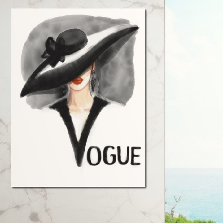 Премиум картина върху платно, LuxCanva® G1106, Vogue Cover, 100 X 135 CM, 100% памучно платно 400g/m2, дървена рамка, Дама, Стил, Елегантност, Мода, Подиум, Шик, Силует, Шапка, Дива, Хол, Спалня