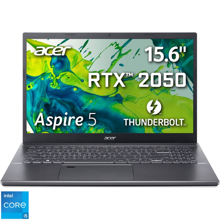 Laptop Acer Aspire 5 A515-57G-56D6 cu procesor Intel® Core™ i5-1235U pana la 4.4GHz, 15.6'' Full HD, IPS, 16GB DDR4 RAM, 512GB SSD, NVIDIA® Geforce® RTX 2050 4GB GDDR6, No OS, Steel Gray