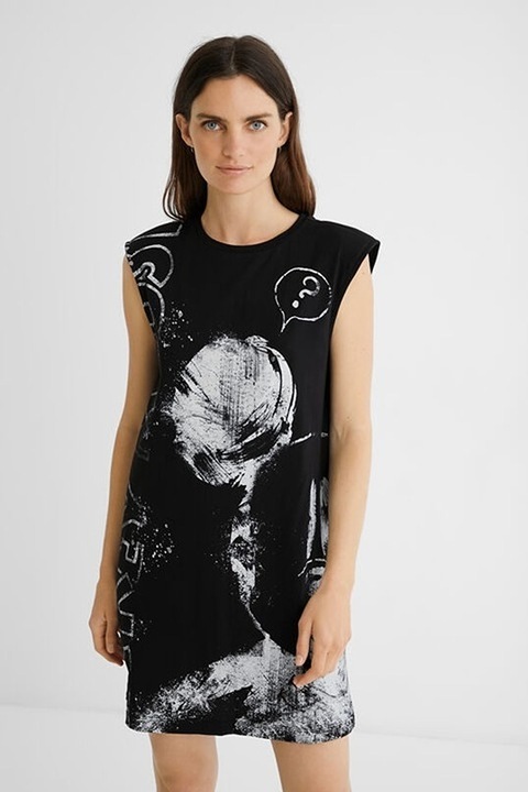 Rochie dama, Desigual, Bumbac, Alb/Negrusa, Negru