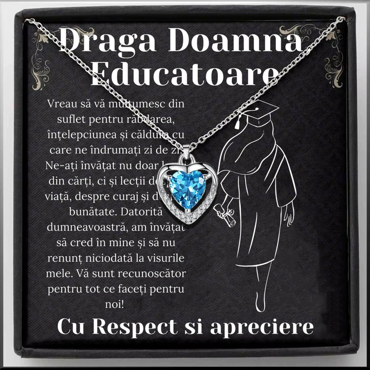 Cadou Educatoare Personalizat Colier Argint 925 cu Pandantiv Inimioara si Piatra Zirconiu, Cutie Gravata 9x9cm